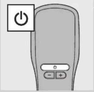 Diagram of a remote control with a power button icon and control buttons.