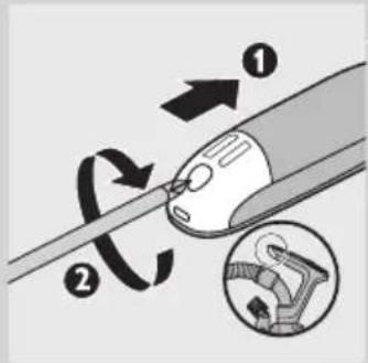 Diagram illustrating a mechanical or electrical component with labeled parts and directional arrows indicating rotation or movement.