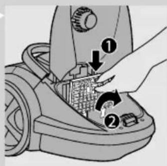 Diagram showing a hand operating a vacuum cleaner with labeled parts and directional arrows indicating process flow.