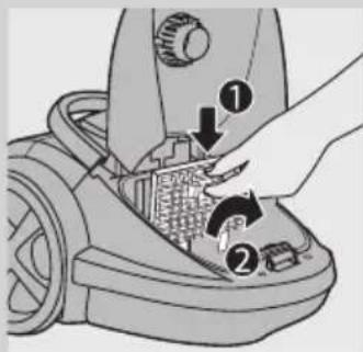 Diagram of a hand operating a vacuum cleaner with labeled parts and directional arrows indicating process flow.
