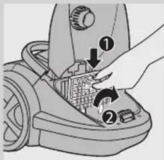 Diagram showing a hand operating a vacuum cleaner with labeled parts and directional arrows indicating process flow.