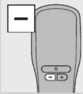 Illustration of a remote control device with a minus sign and two buttons (no text or symbols on the device itself)