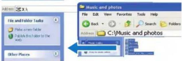 Address X:\ File and Folder Tasks Make a new folder Publish the folder to the Web Other Pieces Music and photos File Edit View Favorites Tools Help Back Search Folders Address C:\Music and photos Music Files Shop the music files