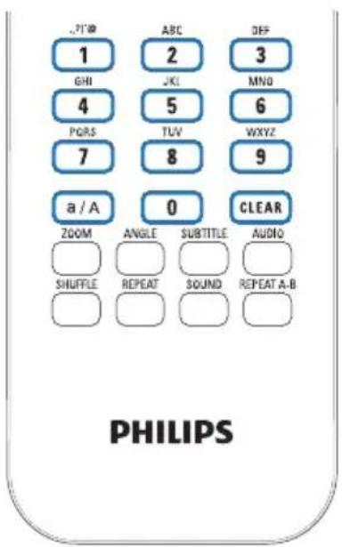 JPTI 1 ABC DEF GHI 2 MNO 4 5 6 PGRS TUV WXYZ 7 8 9 a / A 0 CLEAR ZOOM ANGLE SUBTITLE AUDIO SHUFFLE REPEAT SOUND REPEAT A-B PHILIPS