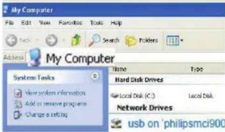 My Computer File Edit View Favorites Tools Help Back Search Folders Address My Computer System Tasks View system information Add or remove programs Change a setting Name Type Hard Disk Drives Local Disk (C) Local Disk Network Drives usb on 'philipsmci900'