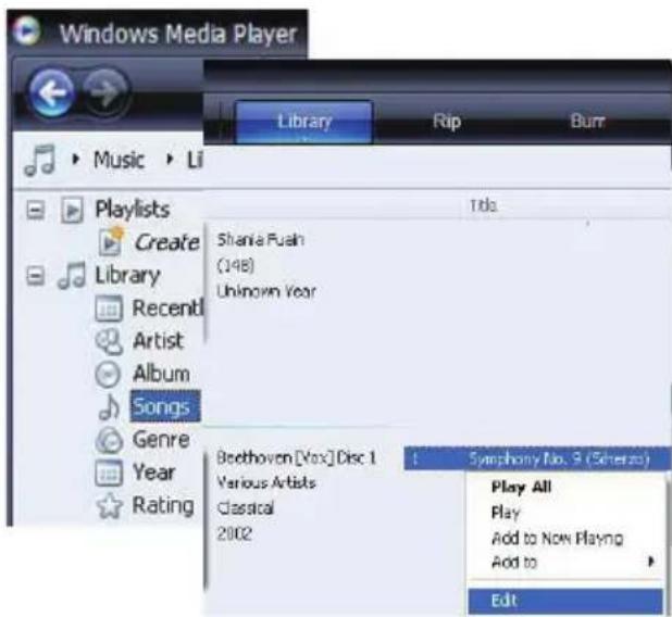 Windows Media Player Library Rip Burr Music > Li Playlists Create Library Recent Artist Album Songs Genre Year Rating Shania Push (148) Unknown Year Beethoven [Vox] Disc 1 Various Artists Classical 2002 Title Symphony No. 9 (Sherzo) Play All Play Add to Now Playing Add to Edit