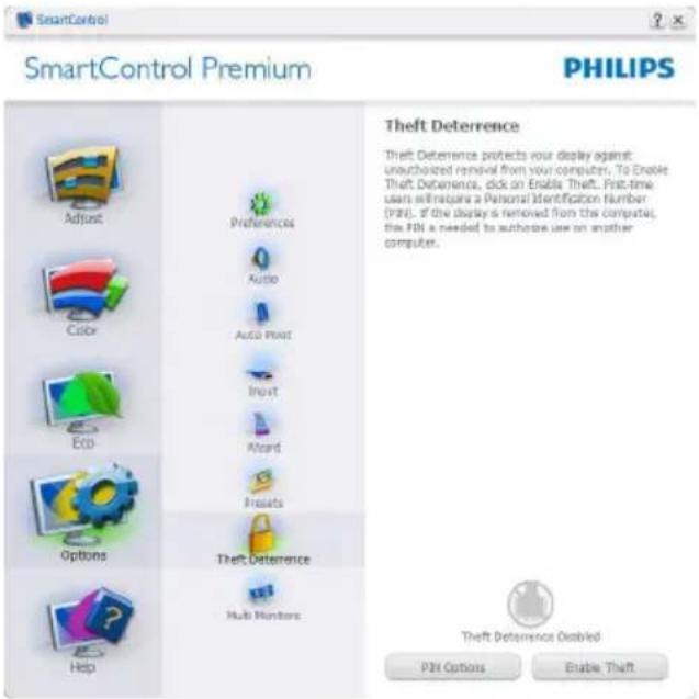 SmartControl SmartControl Premium PHILIPS Adjust Color Eco Options Help Preferences Audio Auto Print Input Award Results Theft Deterrence Hub Monitors Theft Deterrence Enabled PN Options Enable: Theft