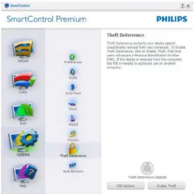 SmartControl SmartControl Premium PHILIPS Adjust Preferences Audio Auto Print Drop Mord Inserts Options Theft Deterrence Multi-Manitas Help Theft Deterrence Disabled PIN Options Enable Thrift