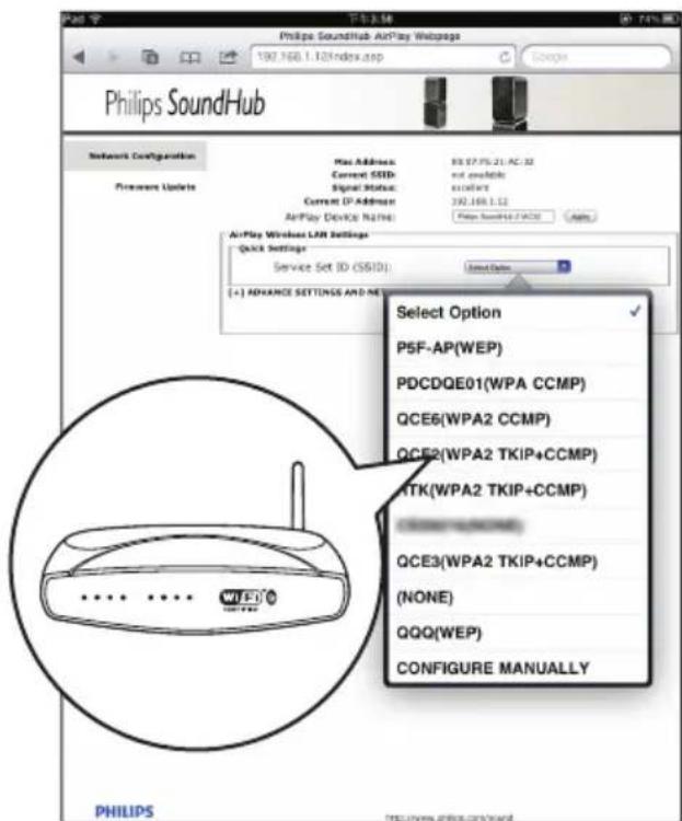 Philips SoundHub AirPlay Webpage 192.168.1.12/index.asp Philips SoundHub Network Configuration Mac Address: 95:07:05:21:AC:32 Current SSID: not available Signal Status: wireless Current IP Address: 242.168.1.12 AirPlay Device Name: Philips SoundHub 2.0/CCMP AirPlay Wireless LAN Settings Quick Settin…