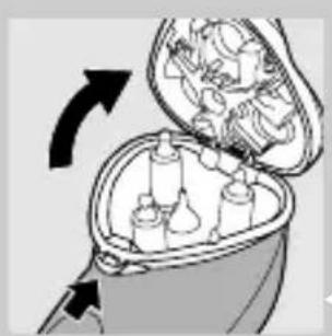 Diagram of a bottle container with bottles inside, showing internal structure and an arrow indicating rotation (no text or symbols)