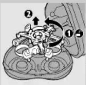 Diagram of a mechanical assembly with numbered components and directional arrows indicating motion or flow