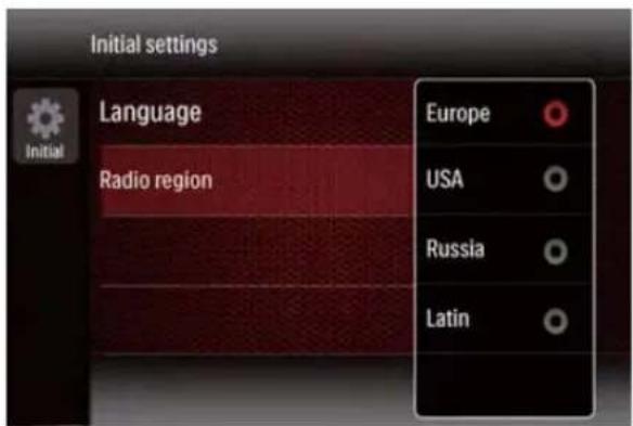 Initial settings Language Radio region Europe USA Russia Latin
