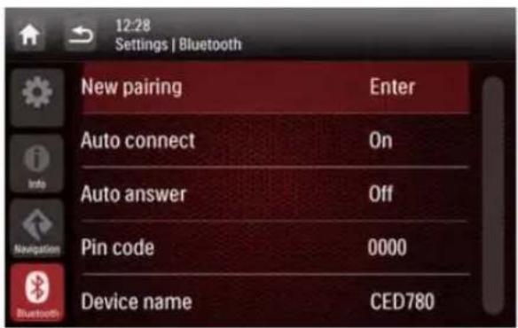 12:28 Settings | Bluetooth New pairing Enter Auto connect On Auto answer Off Pin code 0000 Device name CED780