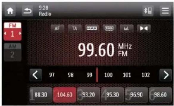 9:28 Radio FM 1 AF TA HAM CBB mL 99.60 MHz FM AM 2 97 98 99 100 101 102 88.30 104.60 93.20 95.30 96.90 98.60