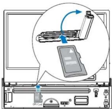 Diagram showing a device being inserted into a rack, with an inset highlighting the mechanical component and directional arrows indicating rotation.