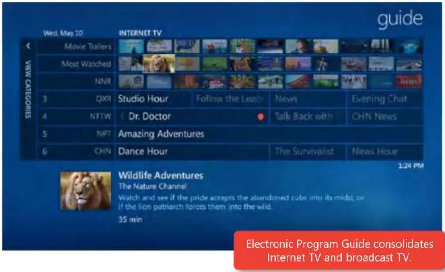 guide Wed. May 10 INTERNET TV Movie Trailers Most Watched NNR 3 QXR Studio Hour Follow the Lead News Evening Chat 4 NTTW Dr. Doctor Talk Back with CHN News 5 NFT Amazing Adventures 6 CHN Dance Hour The Survivalist News Hour 1:24 PM Wildlife Adventures The Nature Channel Watch and see if the pride accepts the abandoned cubs into its midst, or if the lion patriarch forces them into the wild. 35 min Electronic Program Guide consolidates Internet TV and broadcast TV.