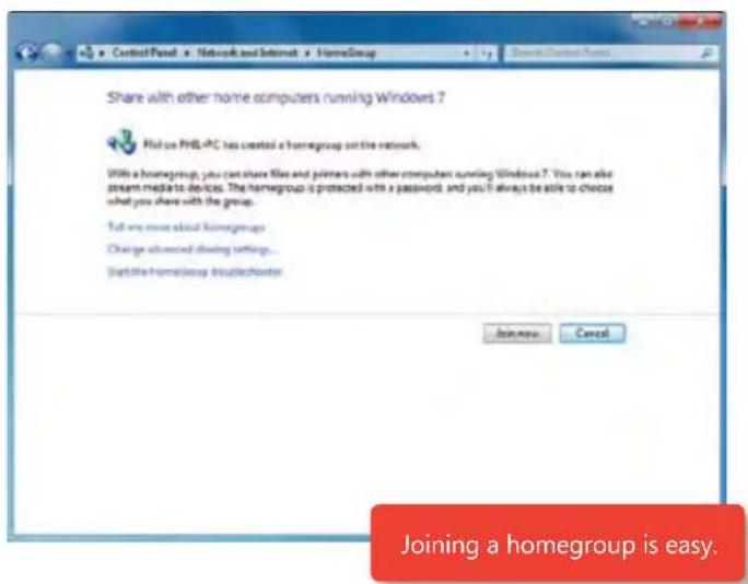Share with other home computers running Windows 7 Mail on PHL-PC has created a homegroup on the network. With a homegroup, you can share files and printers with other computers running Windows 7. You can also stream media to devices. The homegroup is protected with a password, and you will always be able to choose what you share with the group. Find any more about homegroups Change advanced closing settings... Start the homegroup consoleheader Join new Cancel Joining a homegroup is easy.