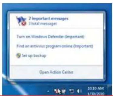 2 important messages 3 total messages Turn on Windows Defender (Important) Find an antivirus program online (Important) Set up backup Open Action Center