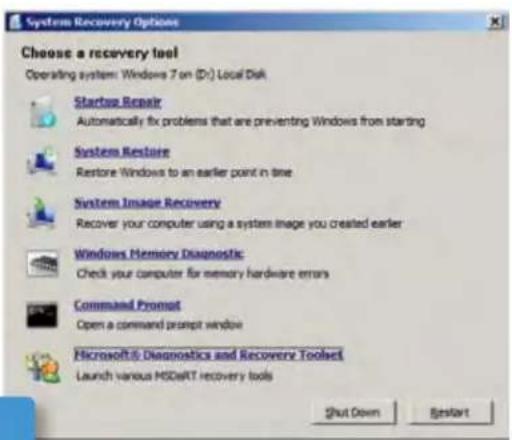 System Recovery Options Choose a recovery tool Operating system: Windows 7 on (D:) Local Disk Startups Repair Automatically fix problems that are preventing Windows from starting System Restore Restore Windows to an earlier point in time System Image Recovery Recover your computer using a system image you created earlier Windows Memory Diagnostics Check your computer for memory hardware errors Command Prompt Open a command prompt window Microsoft® Diagnostics and Recovery Toolset Launch various MSDsRT recovery tools Shut Down System