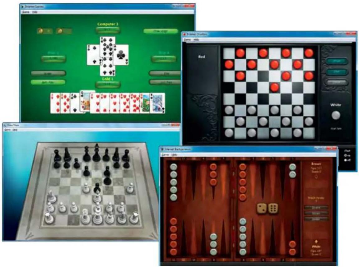 Screenshot of a board game interface showing multiple playing and card games with visible player names and game controls.