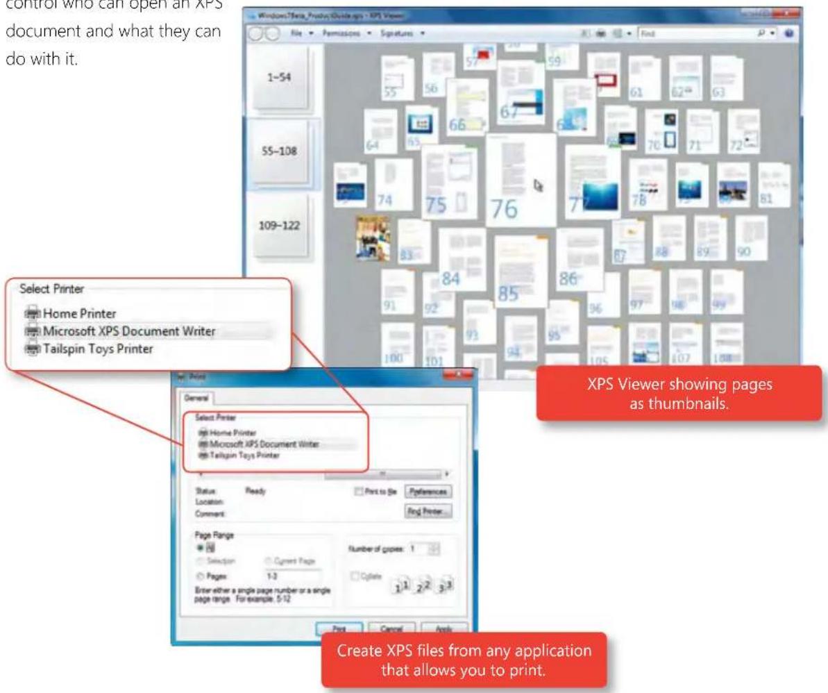 control who can open an XP's document and what they can do with it. Select Printer Home Printer Microsoft XPS Document Writer Tailspin Toys Printer XPS Viewer showing pages as thumbnails. Select Printer Home Printer Microsoft XPS Document Writer Tailspin Toys Printer Status Ready First to file Prefances Location Comment Page Range Selection Current Page Pages 1:2 Enter either a single page number or a single page range.For example.5/12 Number of pages: 1 Complete 1 2 3 Create XPS files from any application that allows you to print.
