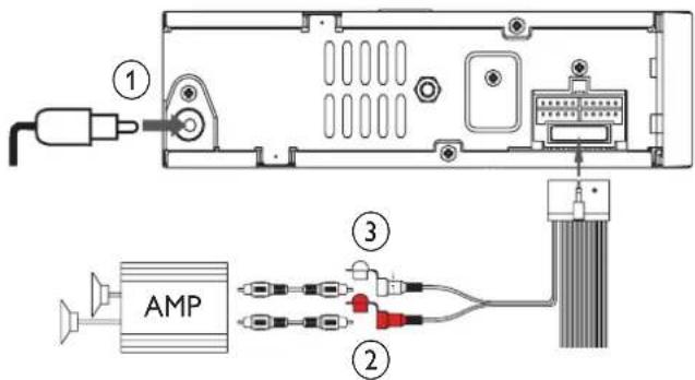 Diagram of an audio amplifier (AMP) internal structure with labeled components and wiring connections