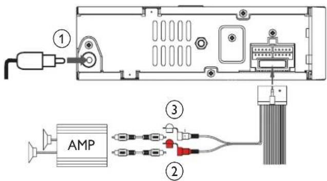 Diagram showing audio amplifier (AMP) connection with labeled components and wiring connections