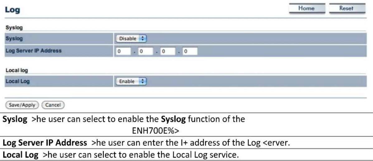 Log Home Reset Syslog Syslog Disable Log Server IP Address 0 . 0 . 0 . 0 Local log Local Log Enable Save/Apply Cancel Syslog >he user can select to enable the Syslog function of the ENH700E%> Log Server IP Address >he user can enter the I+ address of the Log he user can select to enable the Local Log service.