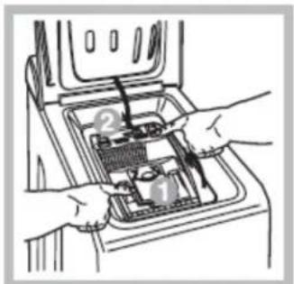 Diagram showing hands installing or adjusting a device into a container with numbered parts labeled 1 and 2