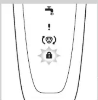 Diagram showing a U-shaped structure with symbols including a faucet, an exclamation mark, a warning symbol, and a lock icon.