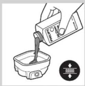 Diagram showing a hand pouring liquid into a container with a labeled sensor device and directional arrows indicating flow or measurement.