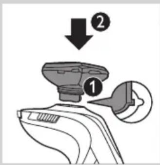 Diagram showing a device with labeled parts, including a downward arrow and numbered callouts ① and ②.