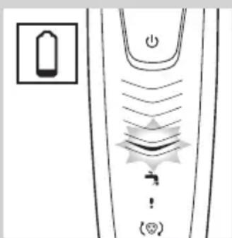 Diagram showing a device with power button, waveform, and warning symbol, likely for emergency or diagnostic instructions.