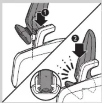 Diagram illustrating a mechanical assembly or disassembly process with labeled steps ① and ②, showing hand positioning and motion direction.