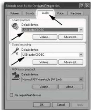 Sounds and Audio Devices Properties Volume Sounds Audio Voice Hardware Sound playback Default device: USB audio CODEC Volume... Advanced... Sound recording Default device: USB audio CODEC Volume... Advanced... MIDI music playback Default device: Microsoft GS Wavetable SW Synth Volume... About... Use only default devices OK Cancel Apply
