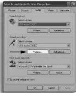 Sound and Audio Devices Properties Volume Source Audio Voice Features Sound devices Default devices: USB audio CODEC... Volume... Advanced... Sound recording Default devices: USB audio CODEC... Volume... Advanced... Network packetlets Default devices: Microsoft SQL Serverable 64.780s Volume... About... □ Blue only default devices OK Cancel Apply