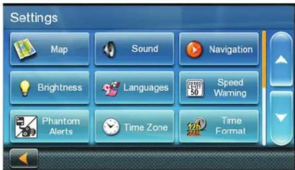 Settings Map Sound Navigation Brightness Languages Speed Warning Phantom Alerts Time Zone 12h 24h Time Format