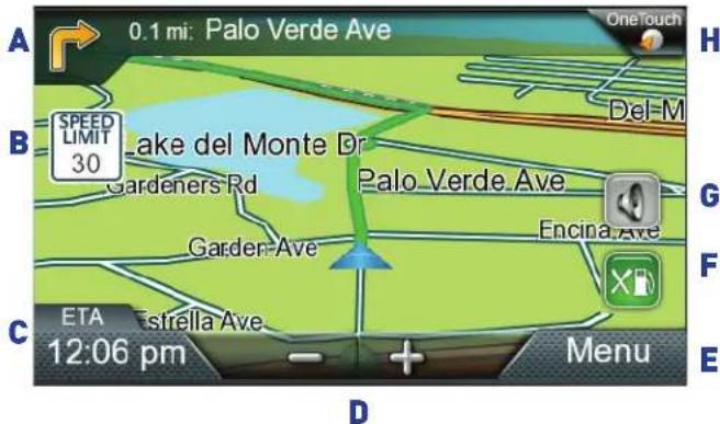 0.1 mi: Palo Verde Ave A B C D OneTouch H SPEED LIMIT 30 Lake del Monte Dr Gardeners Rd Palo Verde Ave Del-M G Encina Ave F ETA Estrella Ave 12:06 pm Menu E