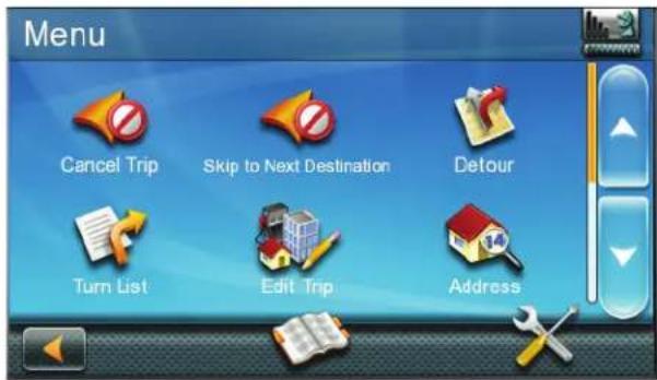 Menu Cancel Trip Skip to Next Destination Detour Turn List Edit Trip Address