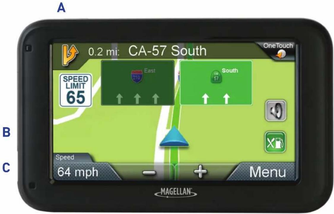 A 0.2 mi: CA-57 South OneTouch SPEED LIMIT 65 East South 64 mph Menu B C Speed MAGELLAN®