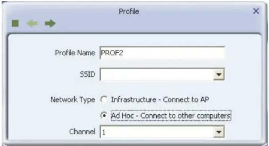 Profile Profile Name PROF2 SSID Network Type ○ Infrastructure - Connect to AP ● Ad Hoc - Connect to other computers Channel 1