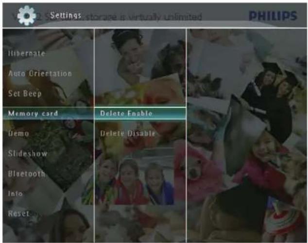 Settings: storage is virtually unlimited PHILIPS Hibernate Auto Orientation Set Beep Memory card Delete Enable Demo Delete Disable Slideshow Bluetooth Info Reset