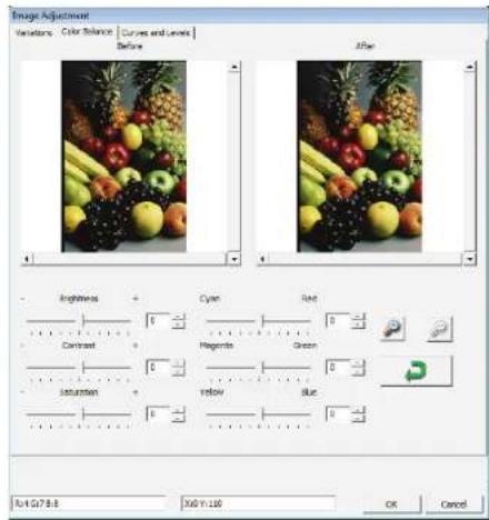Image Adjustment Variations | Color Balance | Curves and Levels | Before After Brightness Cyan Red Contrast Magenta Green Saturation Yellow Blue A:1 G:7 B:E X:0 Y:100 OK Cancel