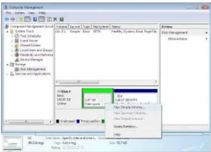 Computer Management File Actions View Help Volume Layout Type File System Status Sub (C:) Template Base NTFS Healthy Systems Board PageFile Disk 0 Basic 4.67.08 File Space Disk 0 Online 149.08.08 Dissolved Primary partition Disk Management Disk Management Home Actions Main Complete Volumes... Main Collection Volumes... Main Required Volumes... Delete Partition... Help JPGG Image Tag: Add a tag Soc: 35,740