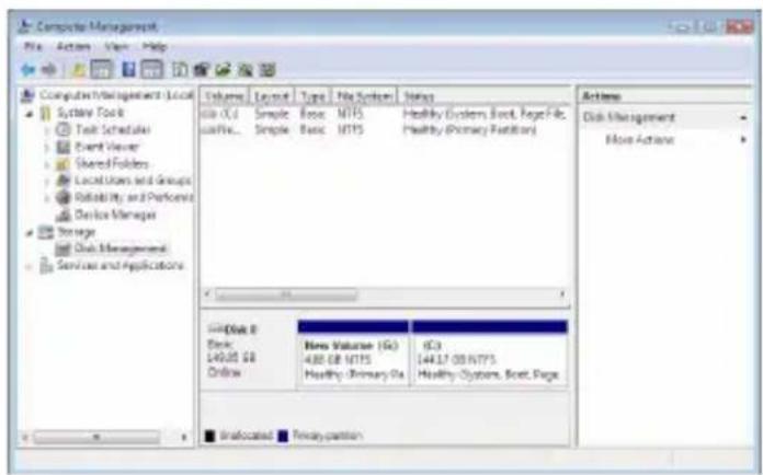 Computer Management File Actions View Help Computers/Management Local System Tools Task Scheduler Event Viewer Shared Folders Local Users and Groups Reliability and Performance Device Manager Storage Disk Management Services and Applications Volume Layout Type File System Status File (C:) Simple Basic NTFS Healthy Systems Boot, Page File. File Plus... Simple Basic NTFS Healthy (Primary Platform) Disk 8 Disk 140.00 GB Online New Volume (Ms) IC3 430.08 NTFS 144.17.00 NTFS Healthy Primary Ps Healthy Systems, Short Page Unallocated Weekly pattern Actions Disk Management More Active