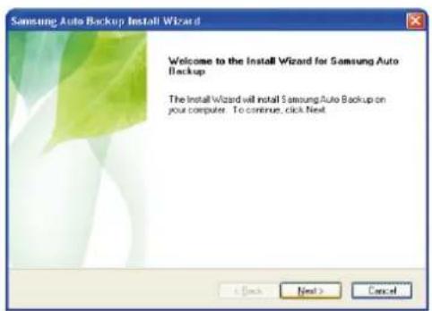 Samsung Auto Backup Install Wizard Welcome to the Install Wizard for Samsung Auto Backup The Install Wizard will install Samsung Auto Backup on your computer. To continue, click Next.
