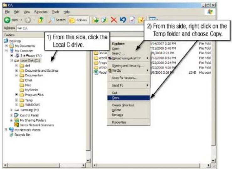 1) From this side, click the Local C drive. 2) From this side, right click on the Temp folder and choose Copy.