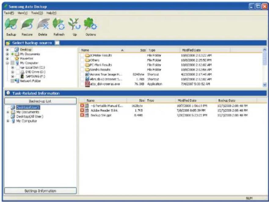Samsung Auto Backup Task(F) View(V) Tools(S) Help(H) Backup Restore Delete Refresh Up Options Select backup source Desktop My Documents Favorites My Computer Local Disk (C:) DVD Drive (D:) SAMSUNG (F:) Network Folder Name Size Type Modified Date ICMeter Results File Folder 10/8/2008 2:12:22 AM Others File Folder 10/8/2008 2:25:50 PM PC-Mark Results File Folder 10/8/2008 2:12:30 AM Sandra Results File Folder 10/8/2008 2:12:56 AM Acronis True Image H... 824Byte Shortcut 4/23/2008 2:17:48 AM Abri.db V3 Internet S... 1.7KB Shortcut 10/8/2008 2:12:30 AM Auto_dish-creeras.exe 76.0KB Application 7/4/2007 5:33:52 AM Task-Related Information Backed-Up List Desktop(User) My Documents Desktop(All User) My Computer Name Size Type Modified Date Backup Date -5 Portable Manual E... 163Byte 10/7/2008 1:56:19 PM 10/7/2008 2:08:48 PM Adobe Reader Link 1.7KB 7/8/2008 8:05:39 PM 10/7/2008 2:08:48 PM Backup SIM ppt 8.4KB 7/30/2008 5:23:22 PM 10/7/2008 2:08:48 PM Settings Information