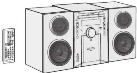 Illustration of a multi-tiered audio amplifier with two speakers and a control panel, accompanied by a remote control unit (no text or symbols visible)