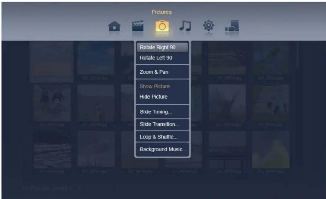 Pictures Rotate Right 90 Rotate Left 90 Zoom & Pan Show Picture Hide Picture Slide Timing... Slide Transition... Loop & Shuffle... Background Music...